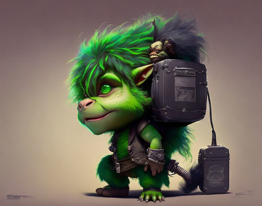 Green furry creature with large eyes and tiny companion with backpack.