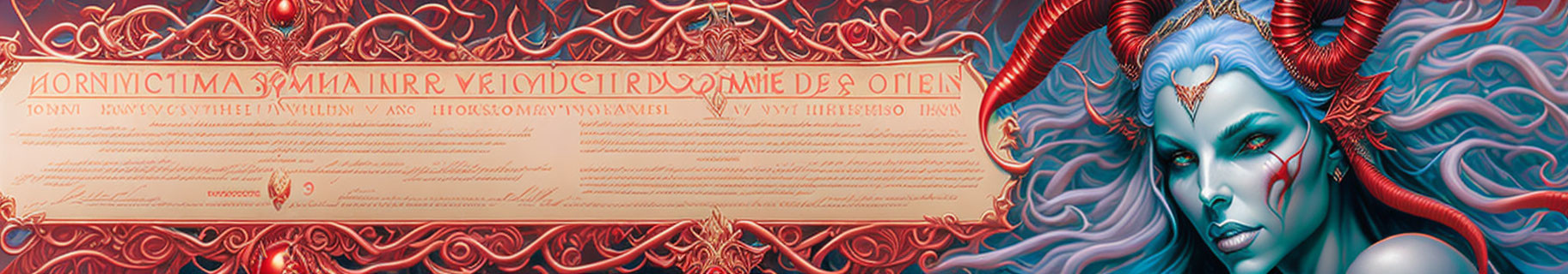 Detailed ornate certificate with intricate borders and fantasy illustration of blue-skinned character with horns and red hair