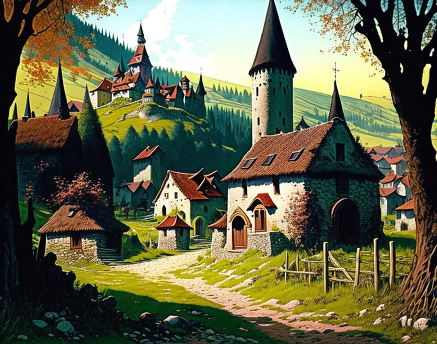 Medieval village with stone houses, castle, tower, lush greenery, rolling hills, and clear