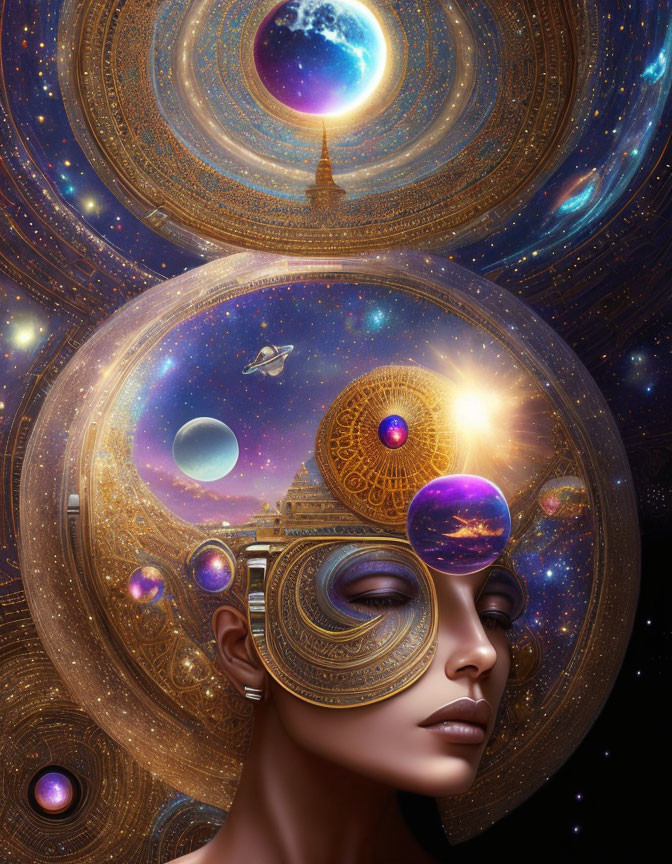 Surreal portrait blending woman's face with cosmic elements and vibrant celestial backdrop.