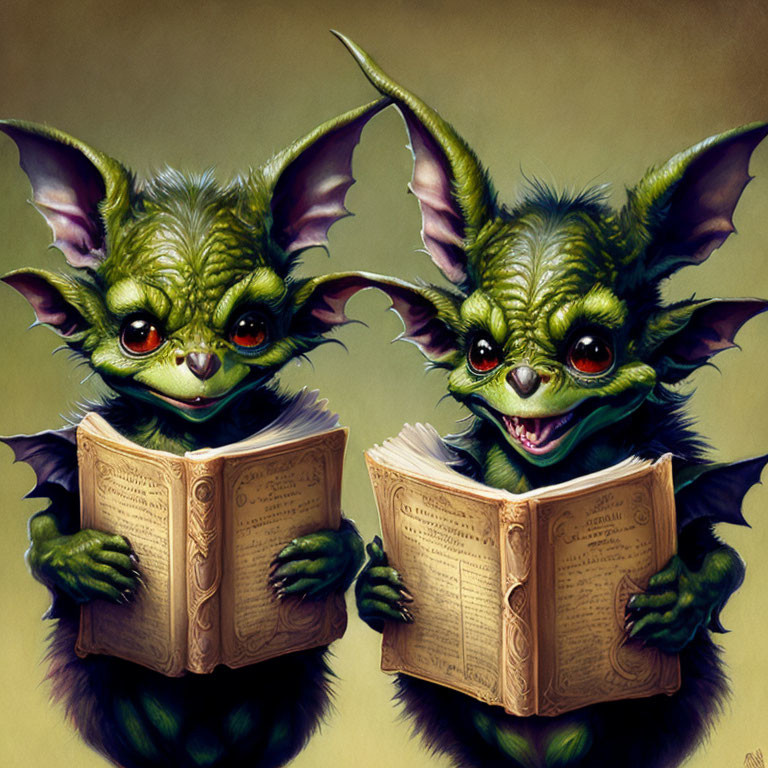 Whimsical green creatures reading book with curiosity and delight