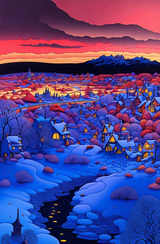 Wintry sunset landscape with snow-covered village and river