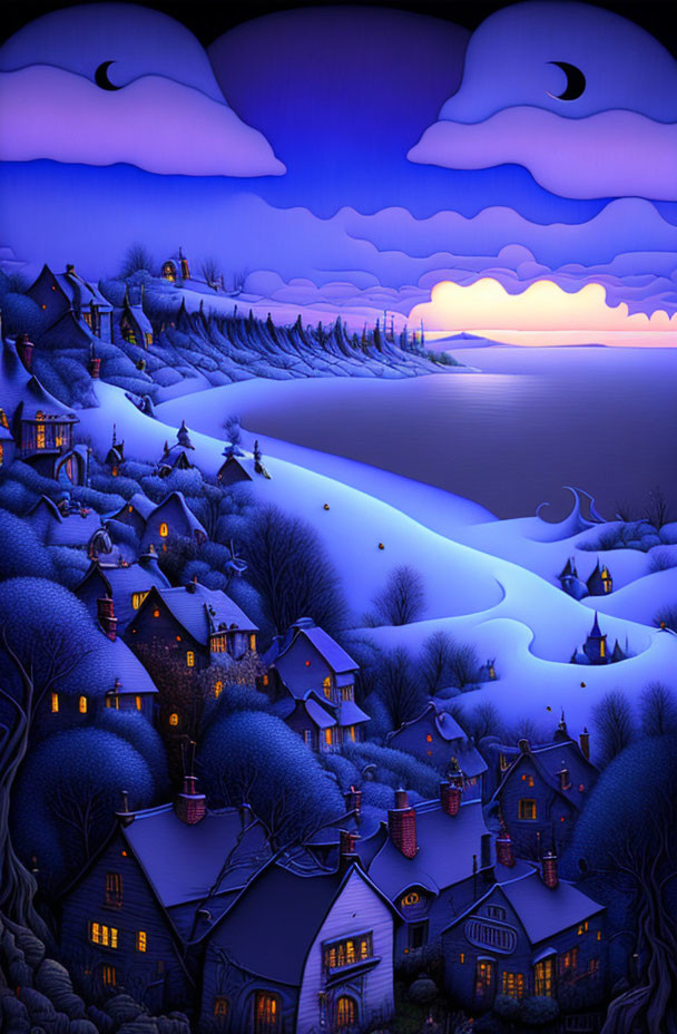 Stylized snowy village under crescent moon in blue tones