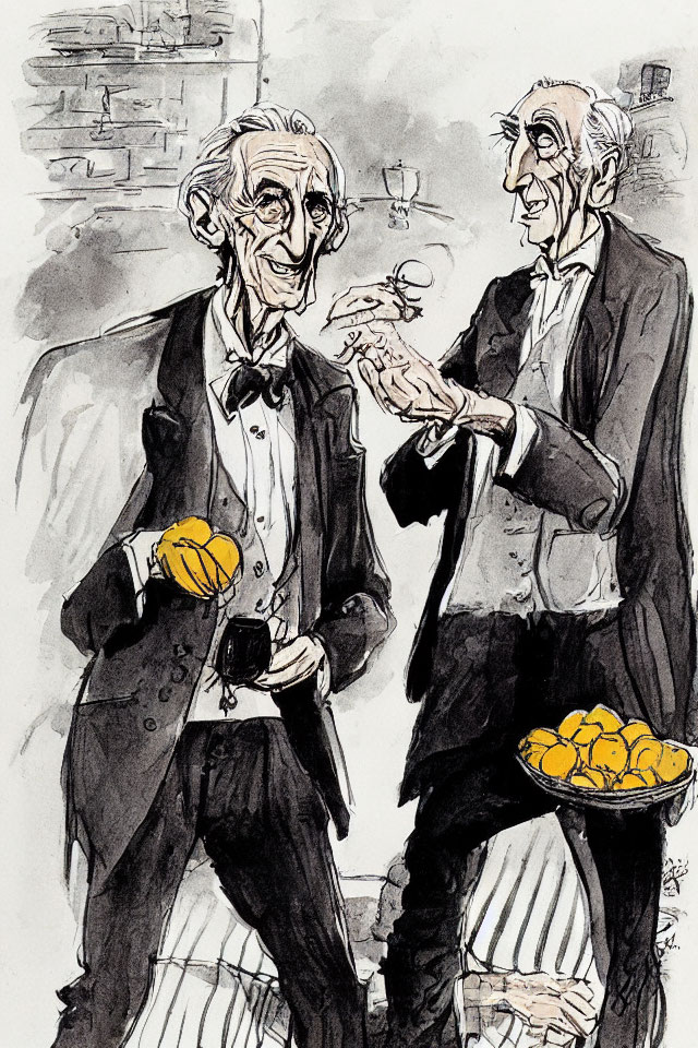 Elderly gentlemen in formal attire with bow ties holding oranges and glass, conversing.