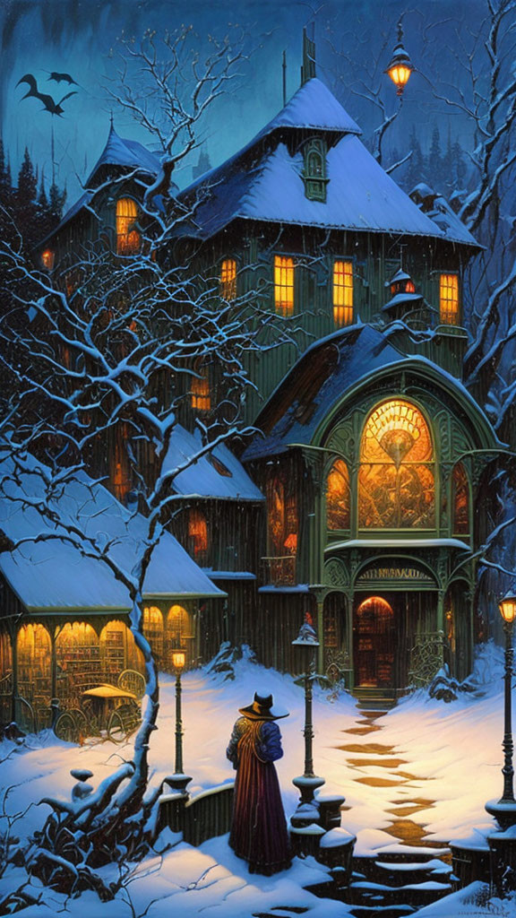 Mysterious figure in cloak at snow-covered Victorian house at twilight