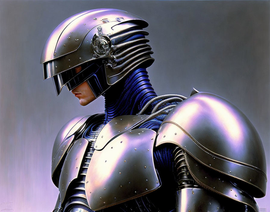 Futuristic armored individual with metallic helmet and shoulder pads