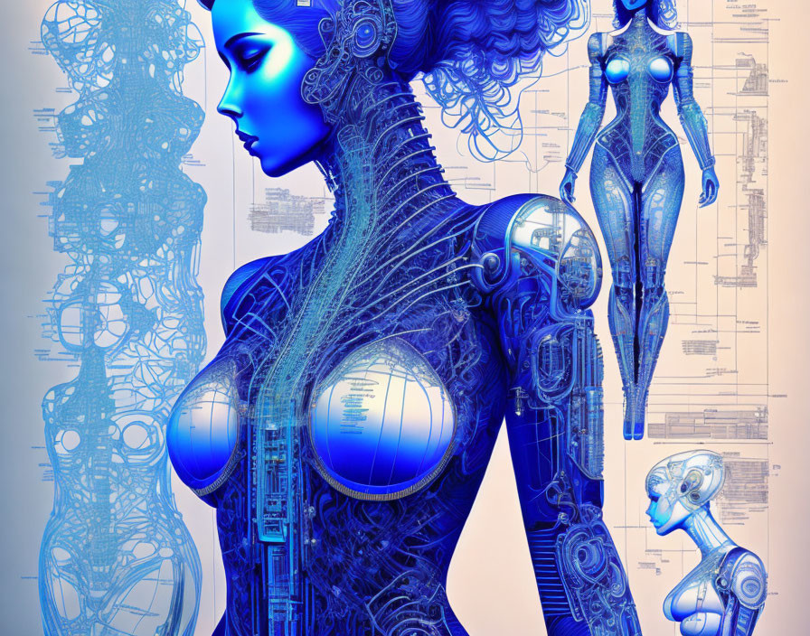 Blue futuristic robotic woman with visible internal mechanisms on blueprint background