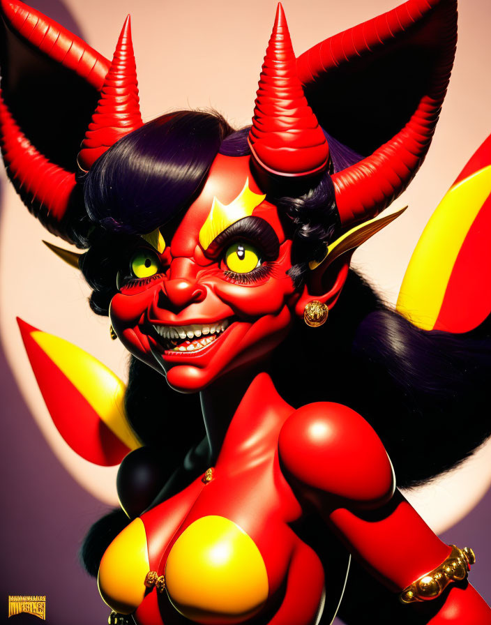 Colorful Illustration of Female Devil Character with Large Horns and Yellow Eyes