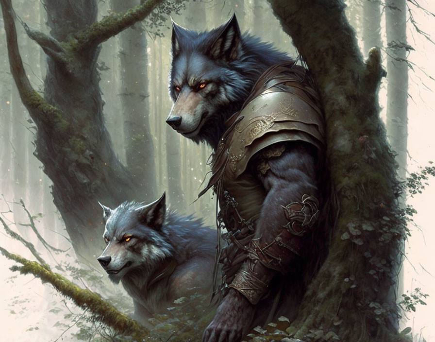 Armored wolves in misty forest: one upright, one on all fours