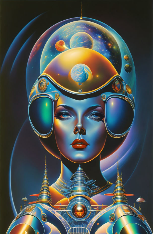 Futuristic female portrait with space-themed helmet and cosmic backdrop