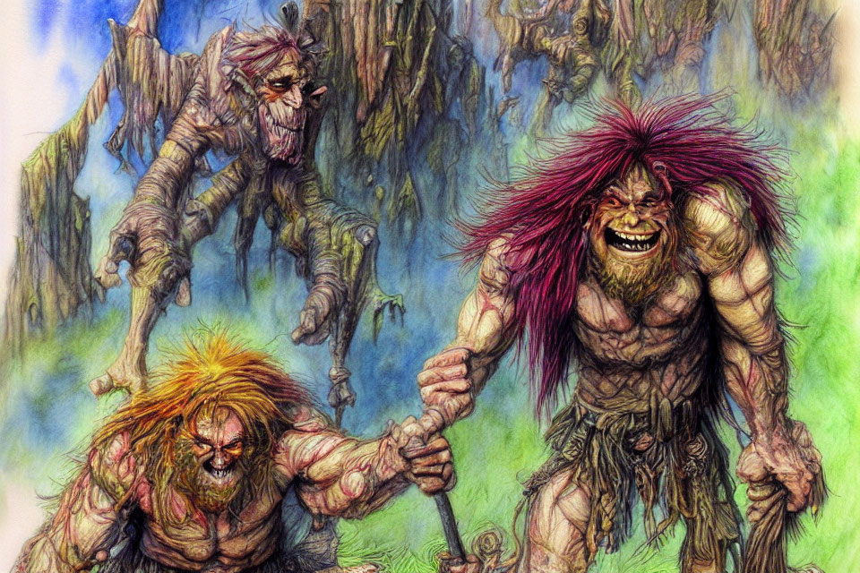 Colorful forest scene: Three animated trolls with wild hair and tattered clothing