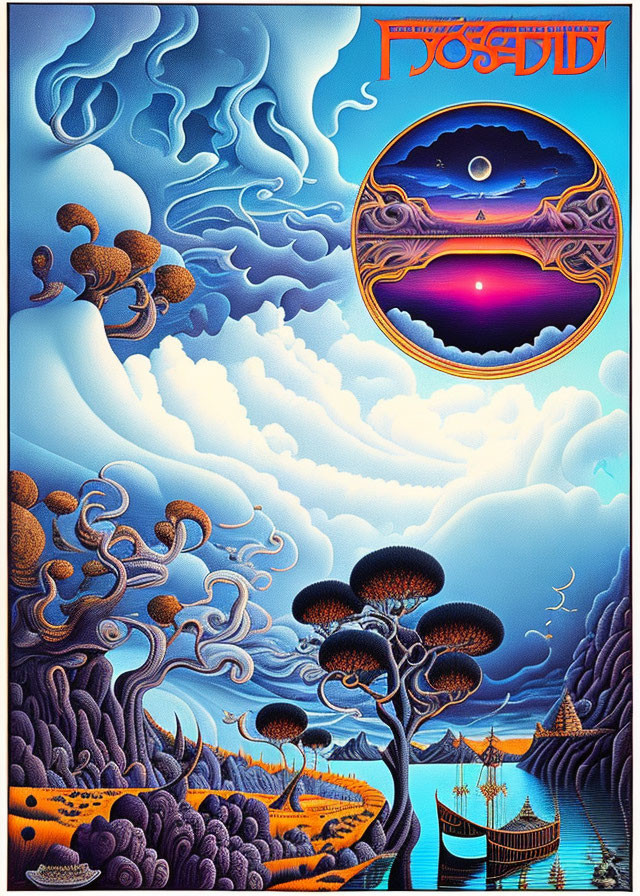 Surreal landscape with stylized trees, ships, and sun motif