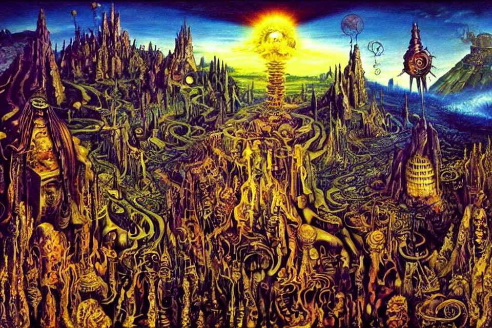 Surrealist landscape with twisted shapes and glowing sun