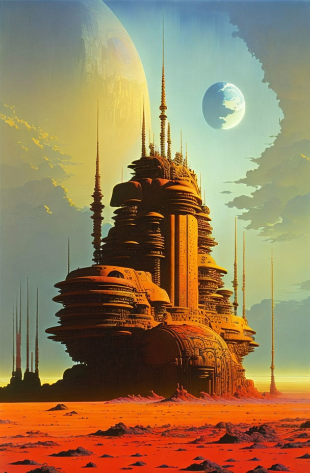 Futuristic city with towering spires on alien desert world, planet and moon in sky