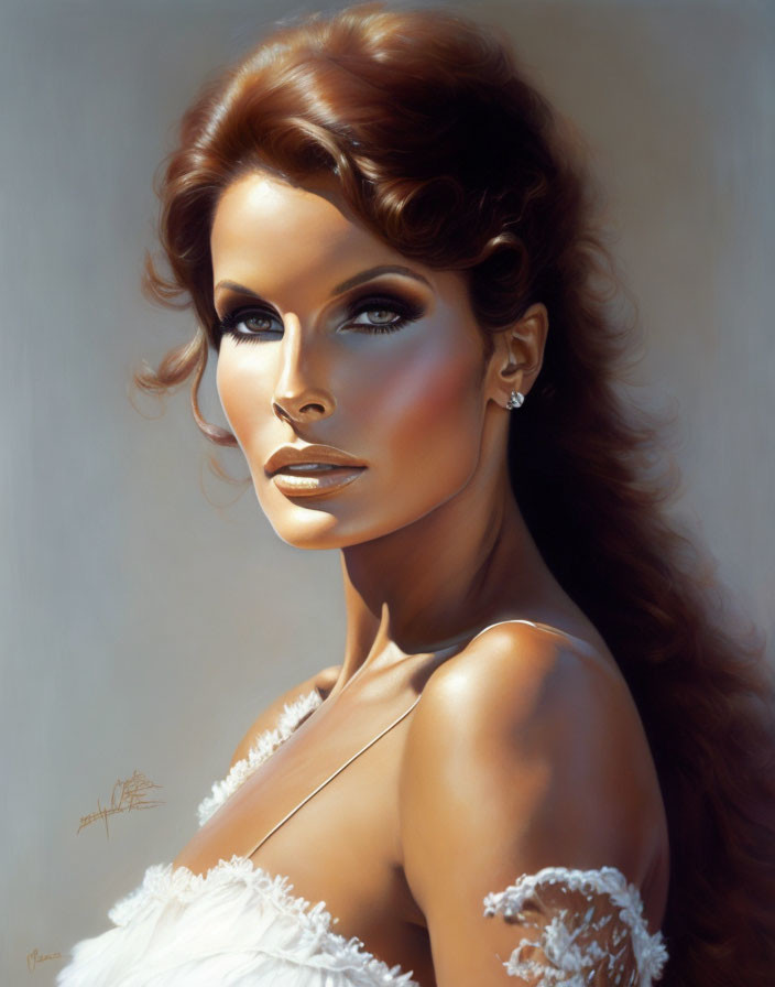 Realistic portrait of a woman with flowing red hair and sharp facial features