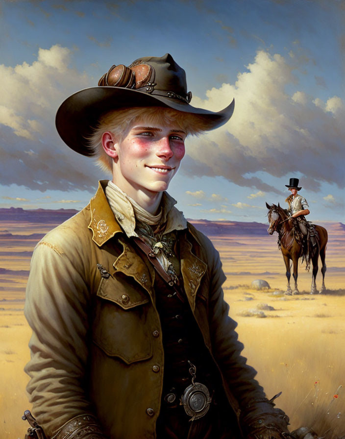 Young cowboy in hat with horse and rider in field under blue sky