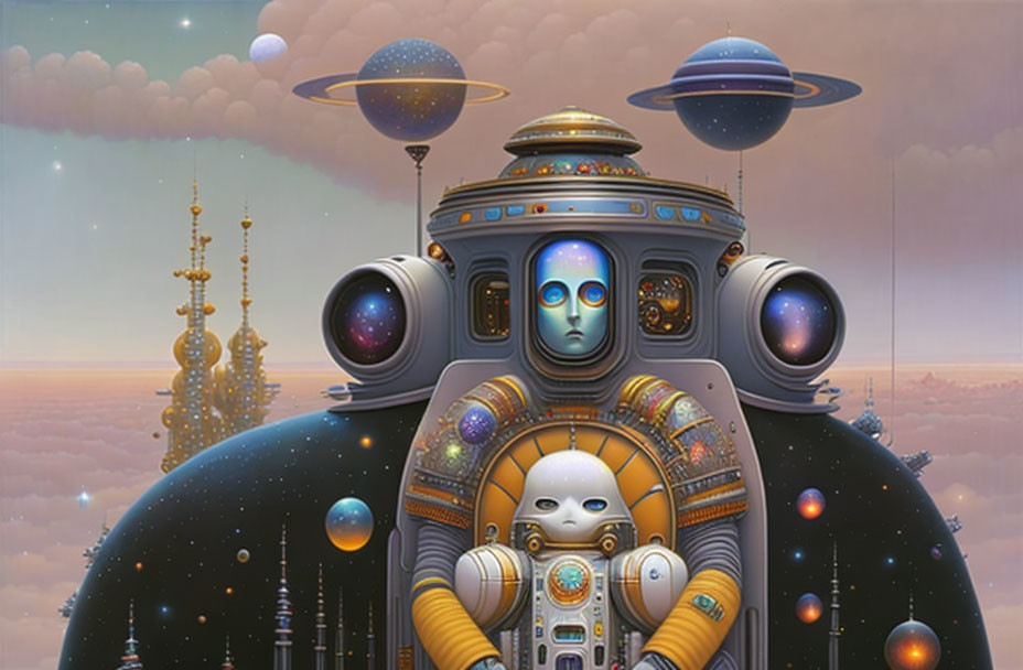 Futuristic artwork: Robots with human-like faces in cosmic landscape