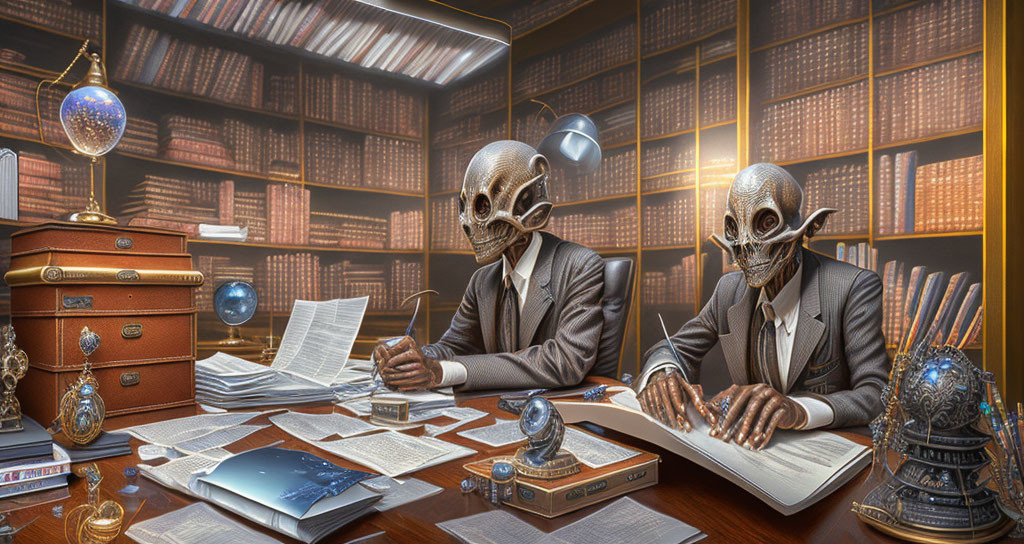 Humanoid Alien Figures in Business Suits in Library Office Examining Documents