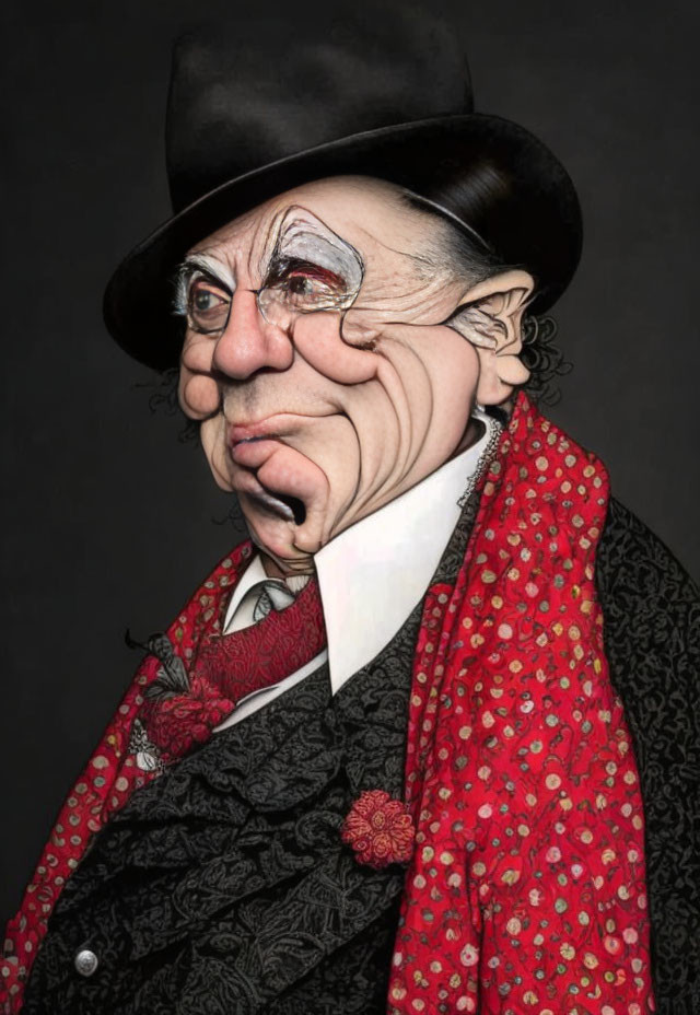 Exaggerated man caricature in bowler hat, red scarf, black coat.