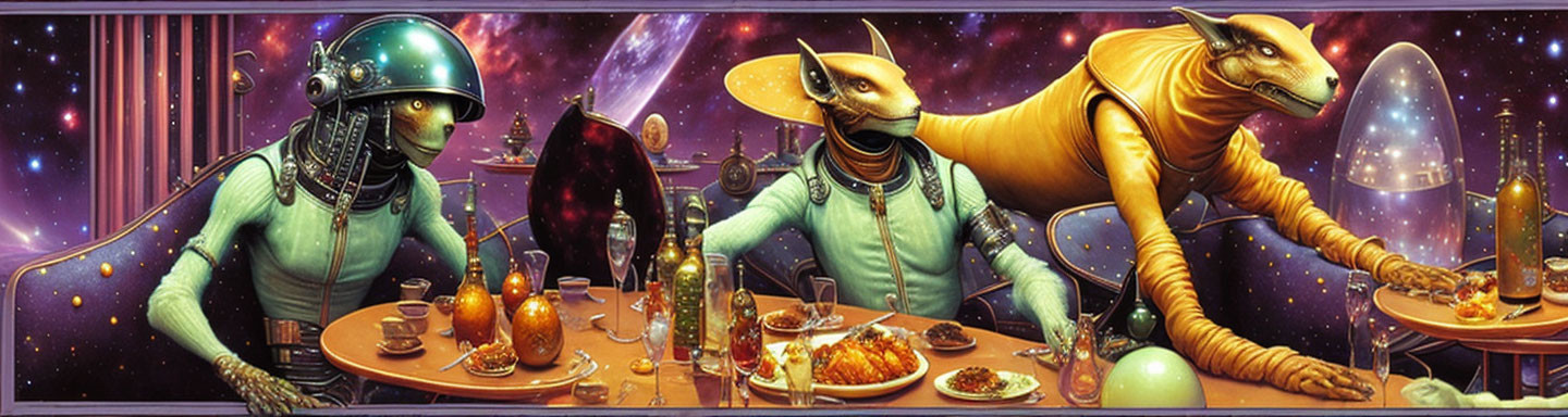 Extraterrestrial creatures dining in space suits amidst colorful cosmos