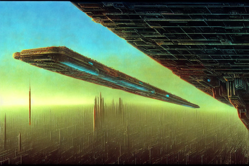 Futuristic sci-fi scene: Two large spaceships over a cityscape