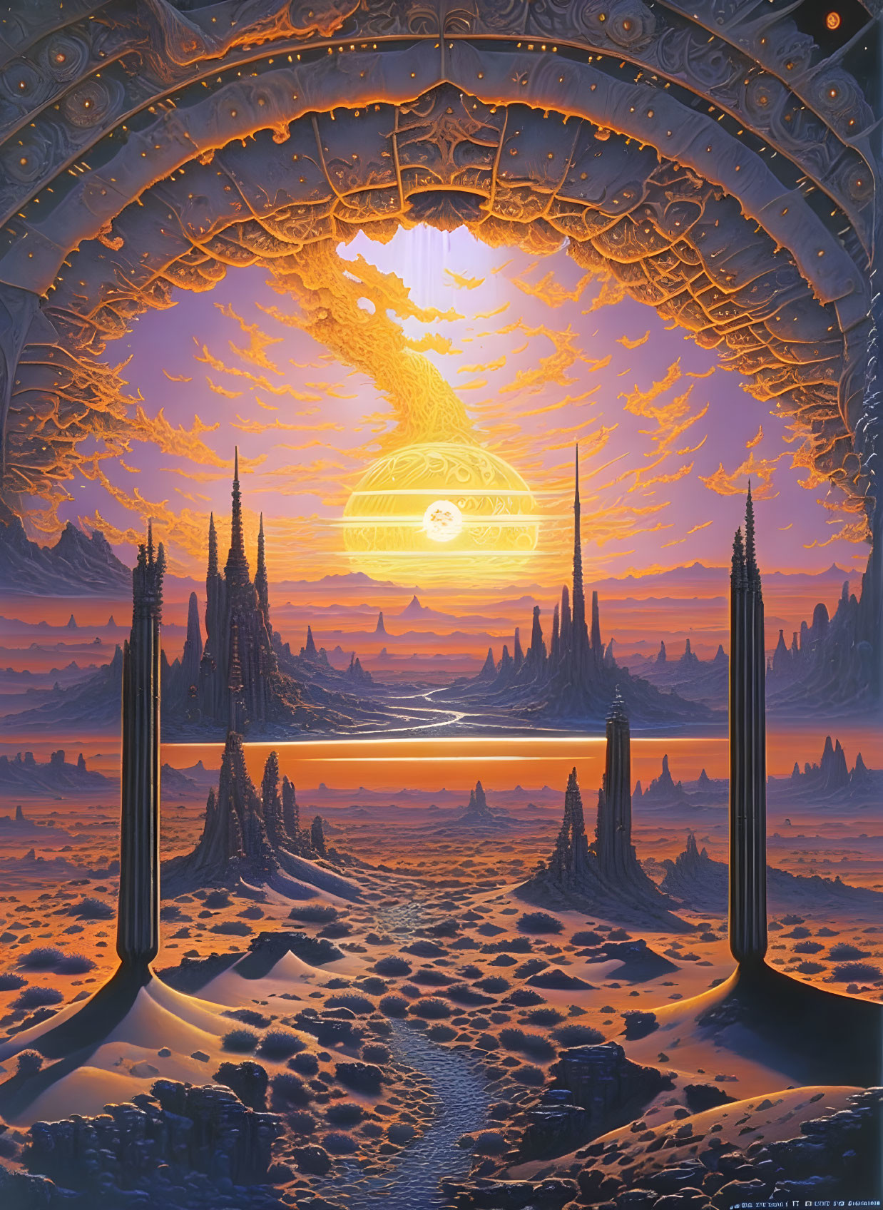 Fantastical landscape with spire-like rock formations and ornate gate under rising or setting sun.