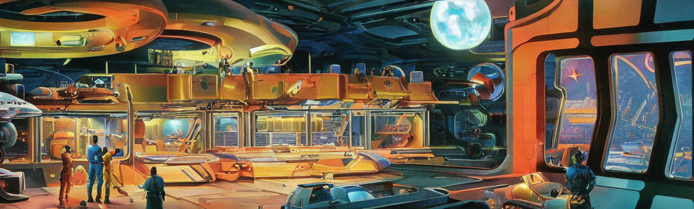 Futuristic space station interior with starship observation, illuminated panels, and expansive windows.