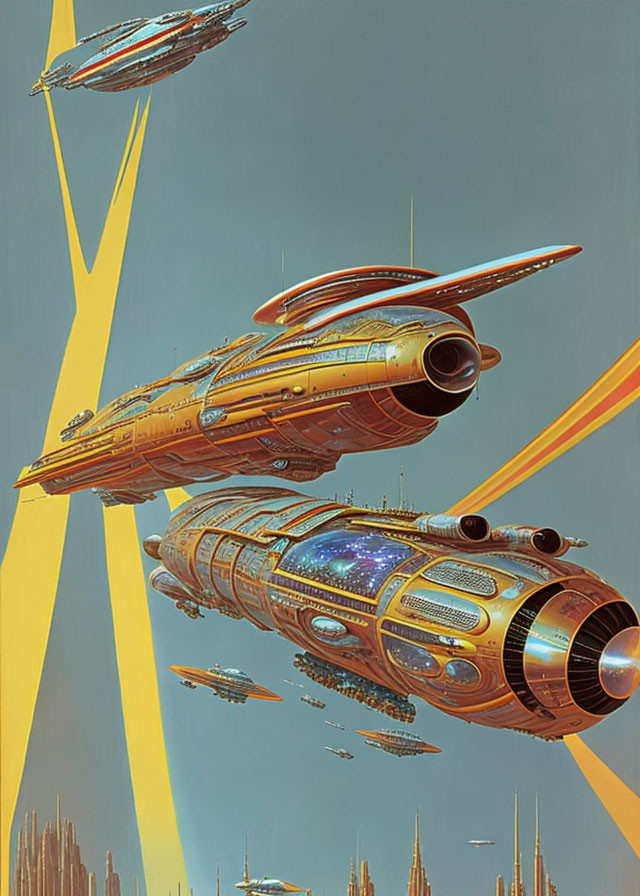 Futuristic spacecrafts near towering structures under yellow sky
