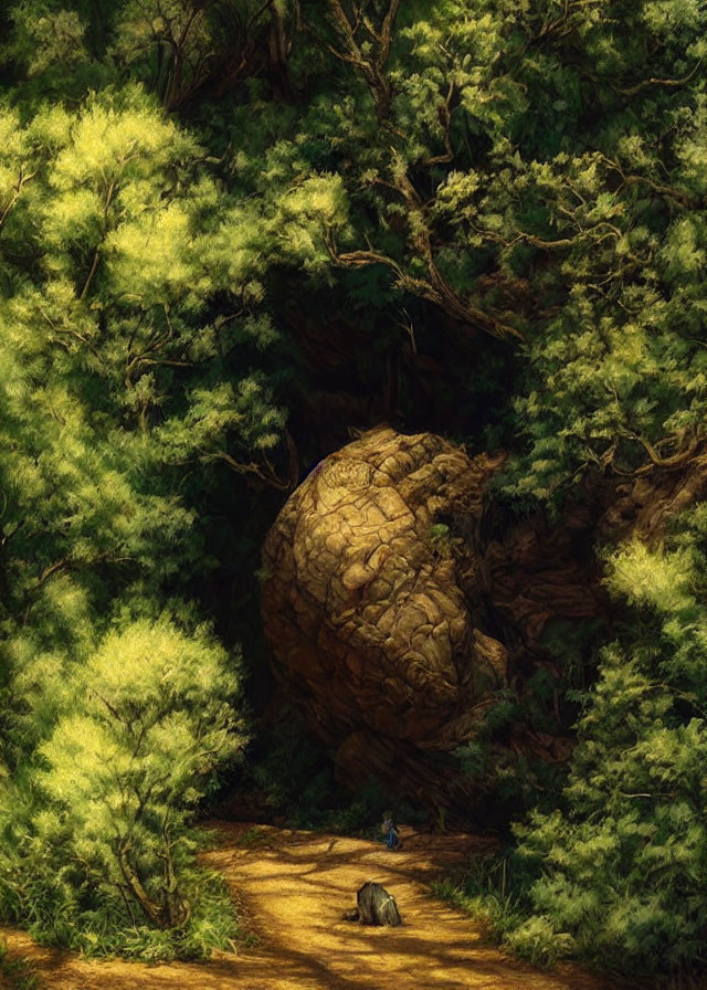 Lush forest scene with large boulder, green foliage, and small blue figure