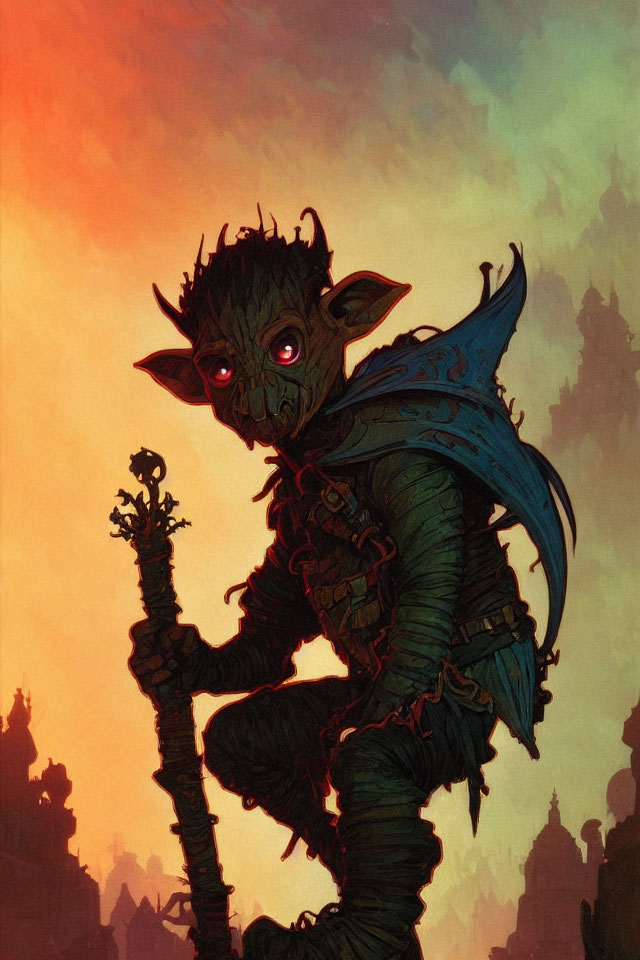 Fantasy goblin creature in armor with red eyes and staff in fiery sky