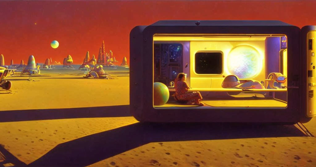 Person sitting in futuristic doorway on alien planet with exotic structures and spacecraft under orange sky