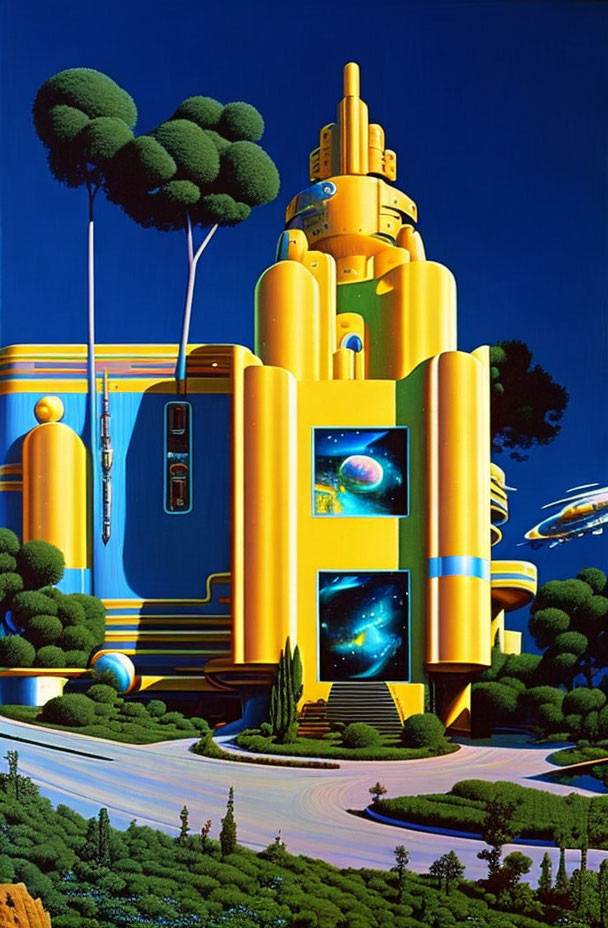 Vivid Futuristic Painting of Yellow Tower and Floating Vehicles