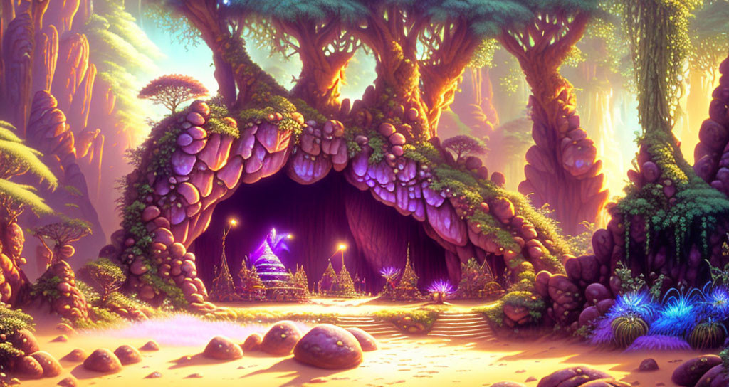 Enchanting forest with glowing cave entrance