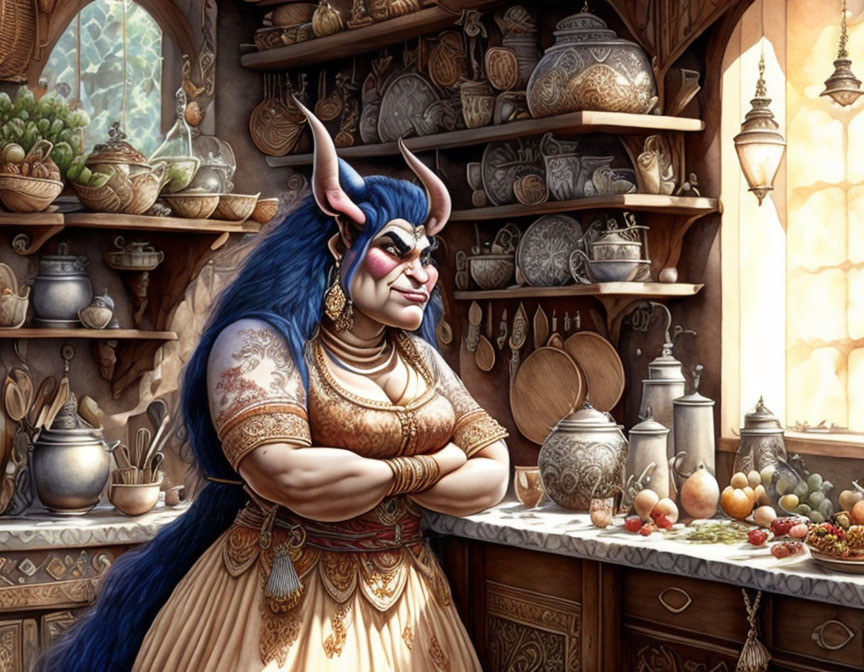 Blue-Haired Female Bovine in Kitchen with Pottery and Vegetables