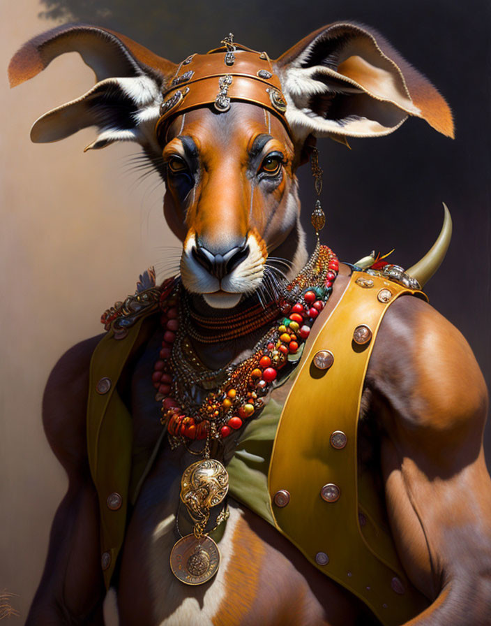 Anthropomorphic antelope with elaborate jewelry and piercing eyes