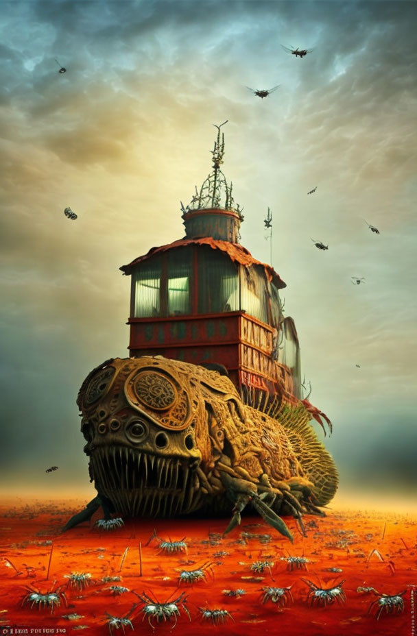 Large mechanical crustacean with building on back in surreal landscape.