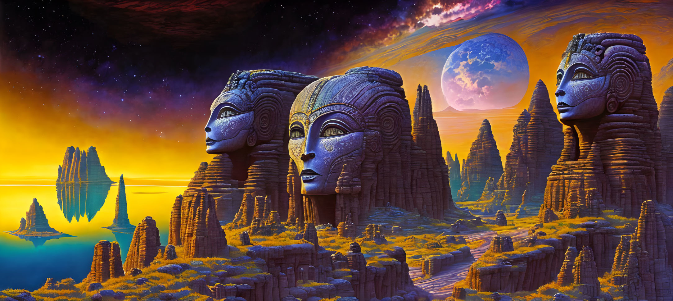 Surreal landscape with colossal stone heads under starry sky