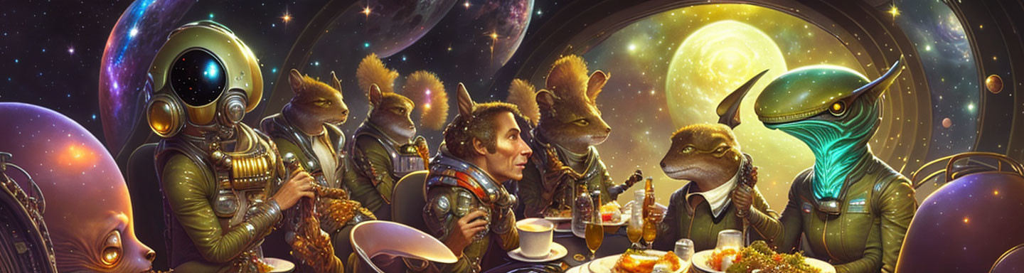 Colorful Space-Themed Artwork of Alien Meal Gathering