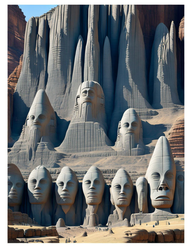 Surreal landscape with giant human faces in towering rock formations