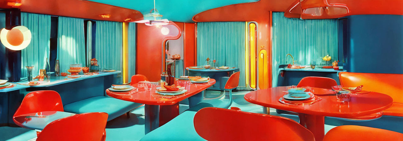 Vibrant retro-futuristic diner with turquoise, red, and orange decor