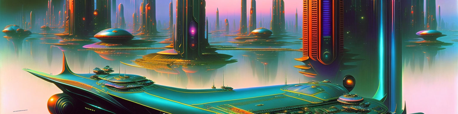 Alien structures and flying saucers in vibrant futuristic landscape