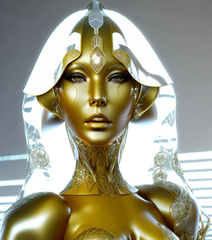 Golden female android with intricate designs and glowing eyes in 3D illustration