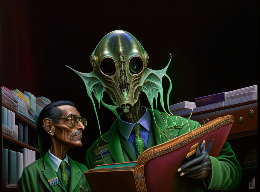 Humanoid alien with tentacles reading a book beside a bespectacled man in green formal attire