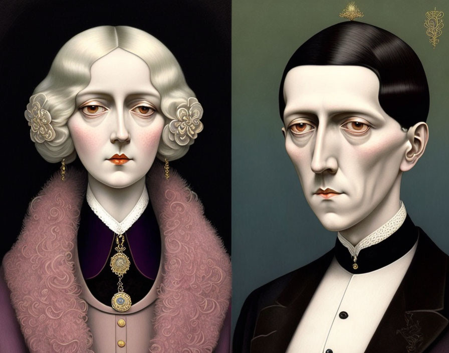 Victorian-style surreal portrait of a couple with exaggerated, symmetrical features