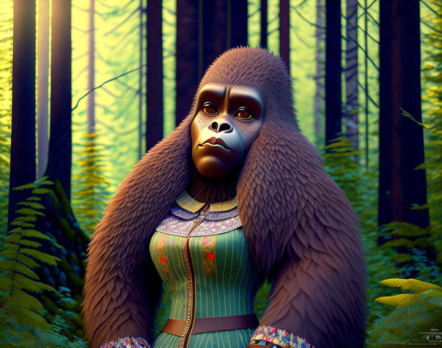 Gorilla with human-like features in tribal dress in lush forest