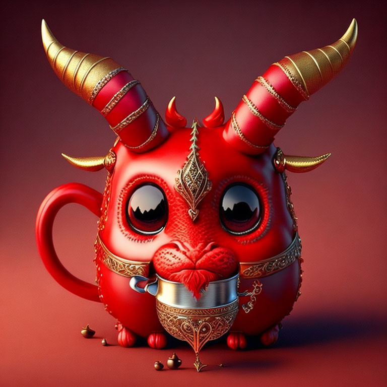 Red whimsical creature with large eyes, golden horns, and a mustache on red background