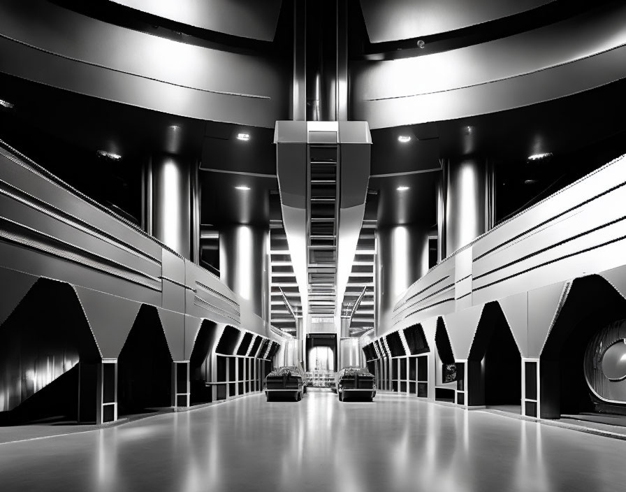 Monochrome futuristic interior with illuminated panels and central column structure