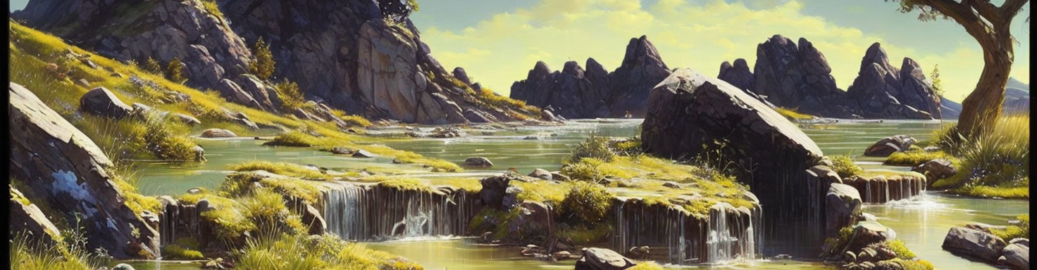 Tranquil landscape: river, waterfalls, greenery, mountains, blue sky