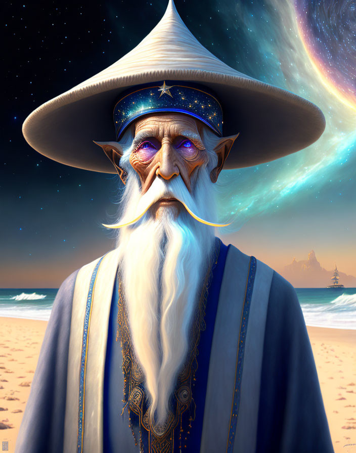 Wise wizard with pointed hat and cosmic seaside backdrop