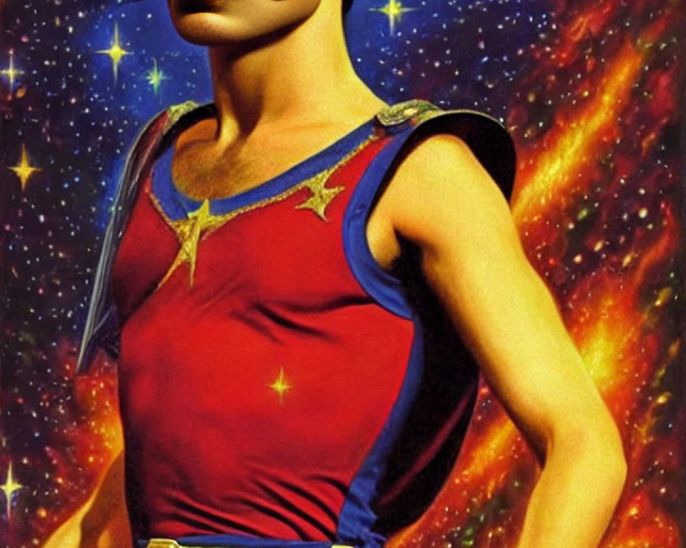 Prominent Mustache Person in Red and Blue Outfit on Cosmic Background